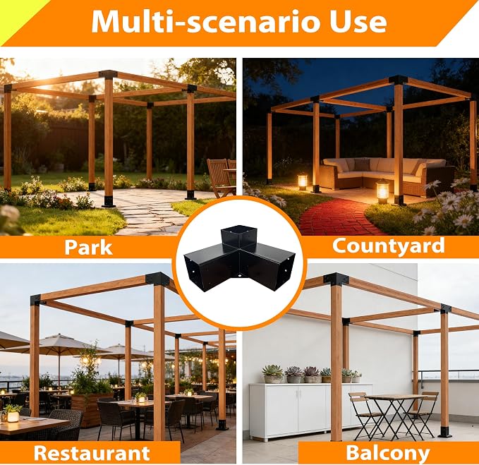 Pergola Kit with 3-Way Brackets & 4-Way Corner Brackets for 4"x 4" (Actual 3.6" X 3.6") Lumber, Heavy Duty Iron Gazebo Bracket Kits Suitable for Pergolas, Gazebos Includes Metal Base, Screws