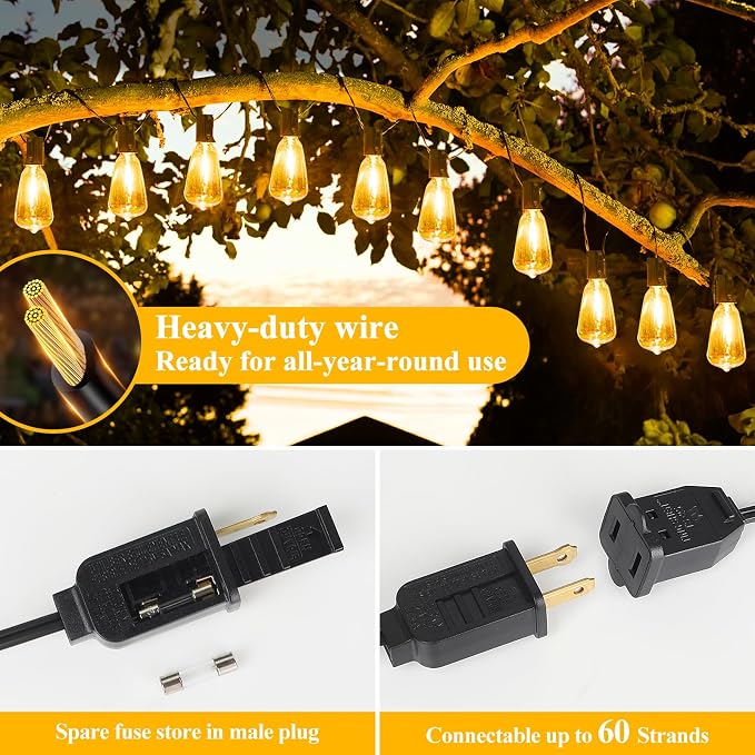 Brightever LED String Lights Outdoor Waterproof, 25FT 2200K Dimmable Patio Lights with 13 Shatterproof ST38 Vintage Edison Bulbs, Outside Hanging Light for Porch, Deck, Garden, Backyard, Balcony