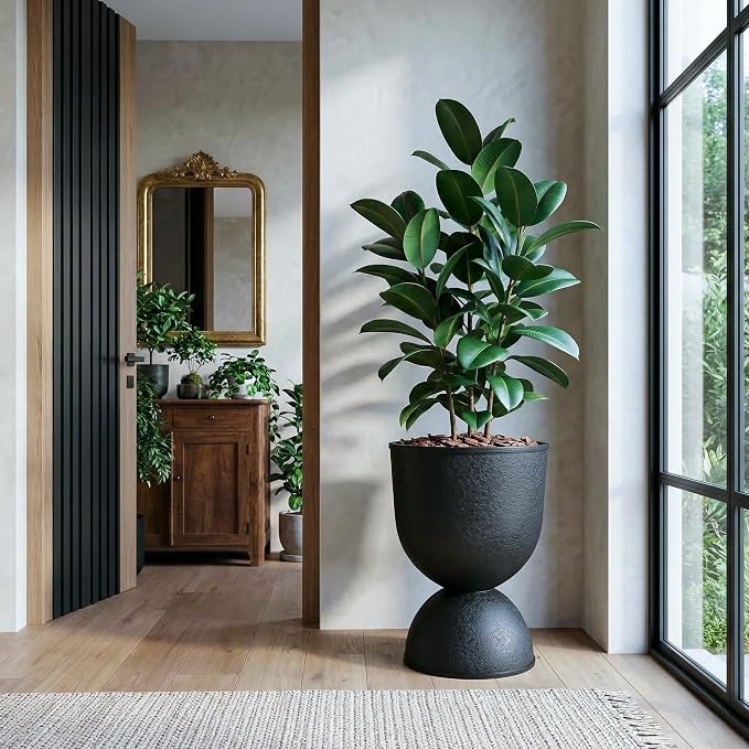 KOL Planters Flower Pots, Large Plastic Urn Planters for Indoor Outdoor Plants, Black Pedestal Planter Pots, 23 Inch Tall Decorative Planters with Drainage Holes & Plugs for Patio Garden, 1 Pack