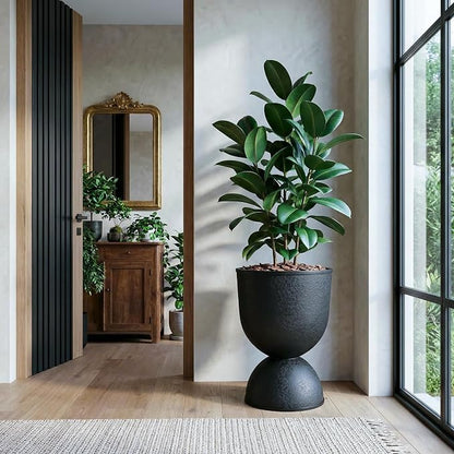 KOL Planters Flower Pots, Large Plastic Urn Planters for Indoor Outdoor Plants, Black Pedestal Planter Pots, 23 Inch Tall Decorative Planters with Drainage Holes & Plugs for Patio Garden, 1 Pack