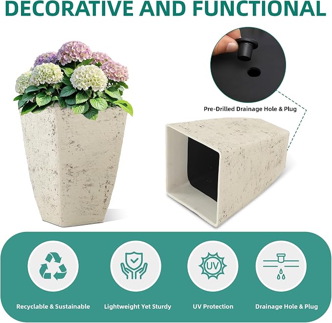 Autodaya 19" Country White Square Tall Planters Set of 2 with Drainage Hole | Handmade Birch Bark Texture, Large Indoor and Outdoor Flower Pots for Front Porch, Garden, Patio, or Entryway Decor