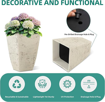 Autodaya 19" Country White Square Tall Planters Set of 2 with Drainage Hole | Handmade Birch Bark Texture, Large Indoor and Outdoor Flower Pots for Front Porch, Garden, Patio, or Entryway Decor