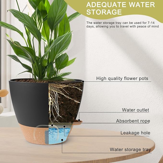 Self Watering Pots for Indoor Plants 12/10/9/8 Inch Large Plastic Self Watering Flower Pots Indoor Outdoor with Drainage Holes, Deep Reservoir,Nursery Planting Pot for Indoor Outdoor Plants Black