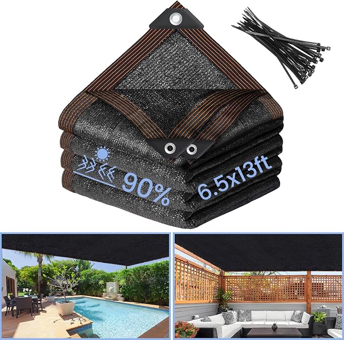 Riare 90% Black Shade Cloth- 6.5 x 13 FT Sunblock Garden Shade Cloth, Sun Shade Mesh Tarp with Reinforced Grommets for Greenhouse, Garden, Patio, Backyard, Plants, Pergola, Chicken Coop