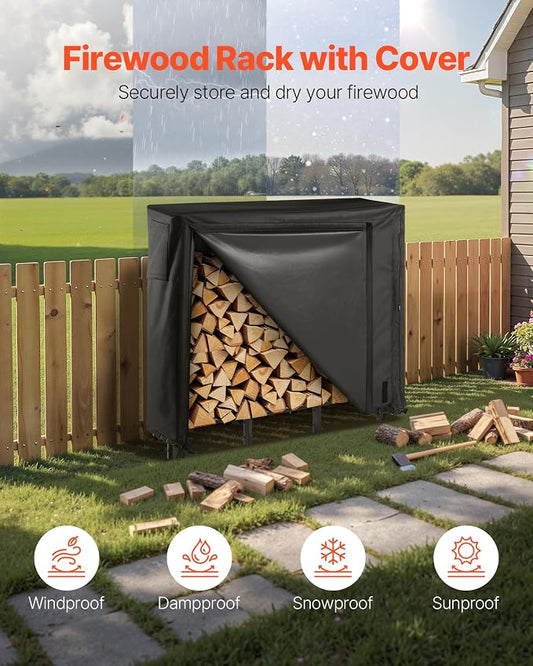 VEVOR Firewood Rack with Waterproof Cover, 4 ft Outdoor Firewood Holder, 1/4 Cord Storage Metal Log Holder, 400lb Max Weight Capacity, Full Covered, Powder-Coated Wood Storage Rack for Fireplace Deck