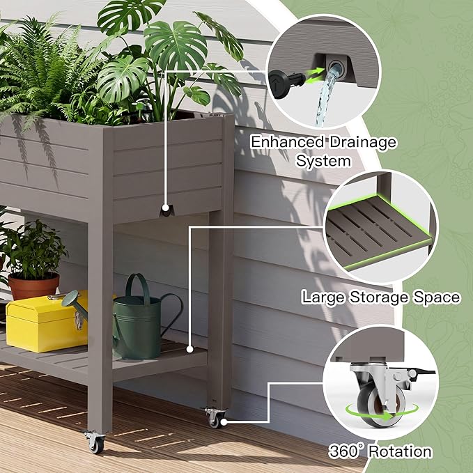Fancyango Raised Garden Bed with Wheels 33.7" H -Medium Gray | Resin Elevated Garden Planter Box with Drainage, Outdoor Planter Box for Veggies Herbs Patio Balcony Backyard