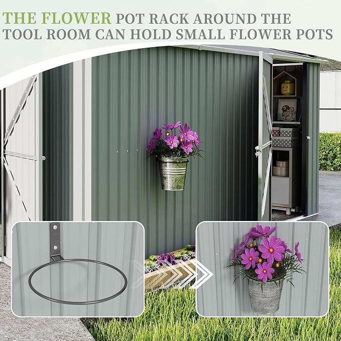 YOPTO 12X10 FT Metal Outdoor Storage Shed W/Flower Pot Stand,White | 3 Lockable Doors,Air Vent,Sloped Roof,Reinforced Structure,Waterproof Outdoor Shed for Garden,Patio,Backyard,Lawn