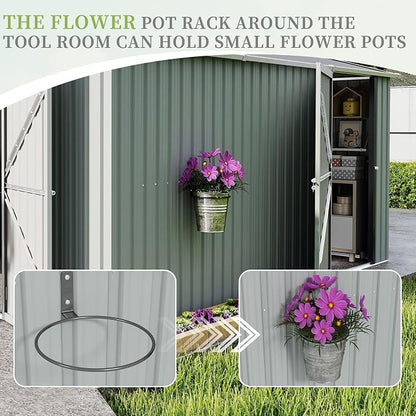 YOPTO 12X10 FT Metal Outdoor Storage Shed W/Flower Pot Stand,White | 3 Lockable Doors,Air Vent,Sloped Roof,Reinforced Structure,Waterproof Outdoor Shed for Garden,Patio,Backyard,Lawn