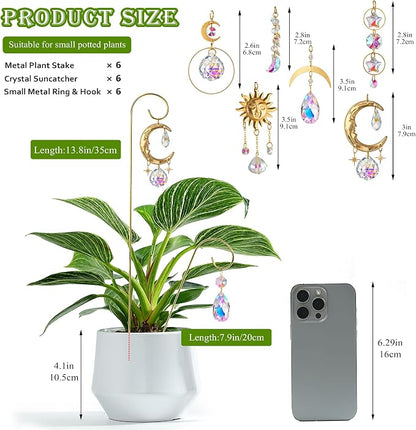 6PCS Small Trellis with Crystal Sun Catchers for Mini Potted Plants Gifts | Sun & Moon Styles,13.5'' Fairy Garden Plant Stakes Suncatchers,Indoor Plant Accessories Decor,Gift for Gardening Enthusiasts