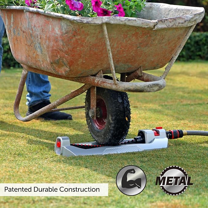 Eden 94111 Heavy Duty Metal Oscillating Sprinkler, Covers Up to 3,328 sq. ft., 20 Precision Nozzles, Flow Control, Adjustable Range, Quick Connect Bundle, Silver, Red, Black