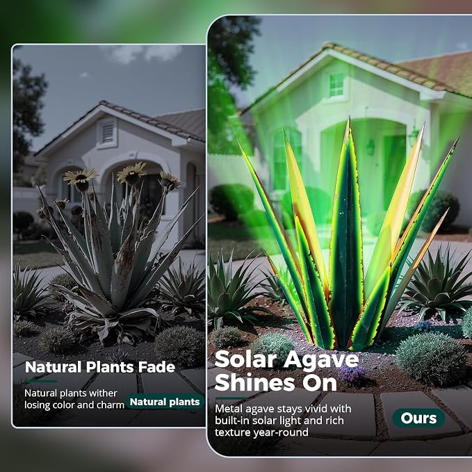 KODIBO 24” Metal Agave Plant Outdoor Decor with Solar Light, Vintage Green | IP65 Waterproof Solar Garden Light, Weather-Resistant Metal, Tequila Rustic Sculpture for Patio Yard Flower Bed, Home Decor