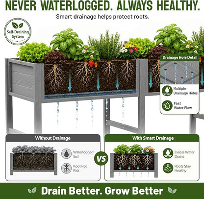 YEFU 72" Large Raised Garden Bed, Wood-Look HIPS 6ft Extra Large Bed, Grey | Extra Large Garden Bed for Backyard Growing, 6ft Design, Wood-Look HIPS, Drainage, 770 lbs High Capacity Support