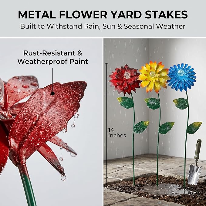 14 Inch Glow in The Dark Flower Garden Stakes, 3 Pack Colorful Metal Yard Decor with Luminous Beads, Outdoor Night Glow Garden Stakes for Lawn, Patio & Flower Beds