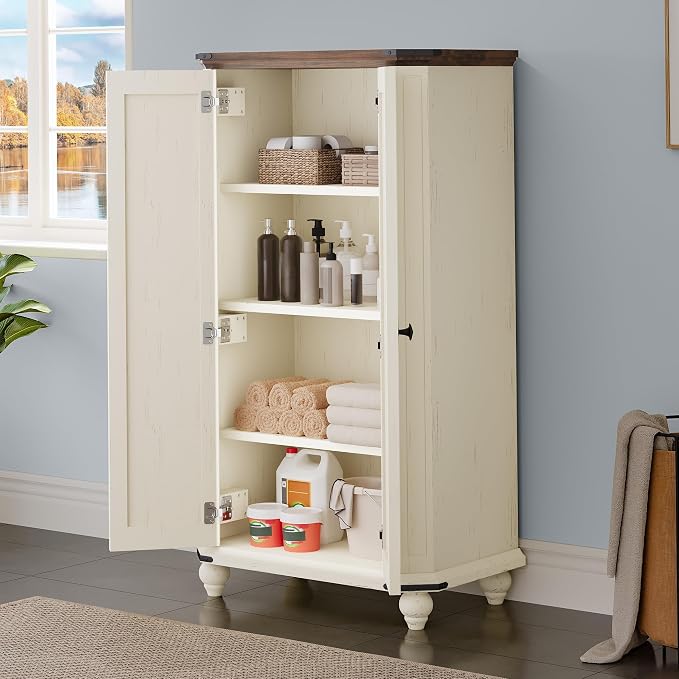 DWVO 4-Tier Storage Cabinet, 45.2" Farmhouse Kitchen Pantry Cabinet wth 2 Shutters-Doors & Adjustable Shelves, Wooden Tool Cabinet for Dining Room, Bathroom, Living Room, Laundry Room, Office, White | 4-Tier Storage Cabinet, Adjustable Shelves, Wooden ...