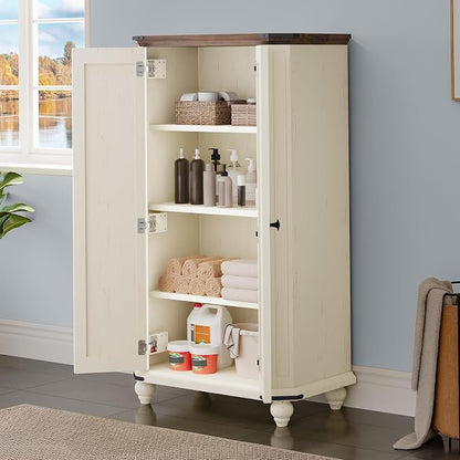 DWVO 4-Tier Storage Cabinet, 45.2" Farmhouse Kitchen Pantry Cabinet wth 2 Shutters-Doors & Adjustable Shelves, Wooden Tool Cabinet for Dining Room, Bathroom, Living Room, Laundry Room, Office, White | 4-Tier Storage Cabinet, Adjustable Shelves, Wooden ...