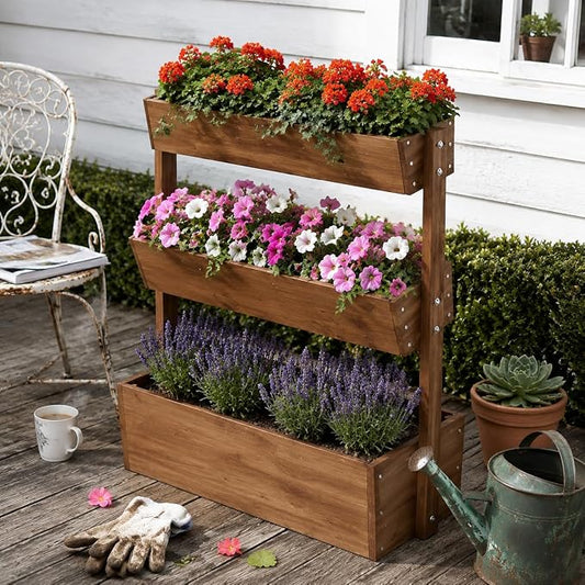 Raised Garden Bed,3 Tier Vertical Garden Planter,Planter Box,Fir Wood Adjustable Freestanding Elevated Herb Stand Tower,Flower Strawberry Vegetable for Outdoor Indoor Balcony,33x17x46,Brown