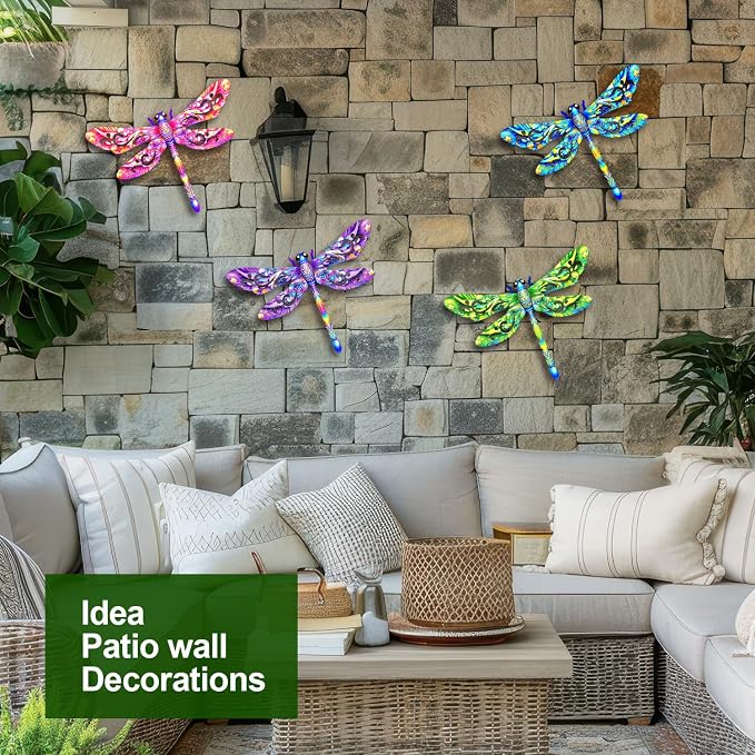 Metal Dragonfly Wall Decor, 4 Pcs Metal Dragonflies Wall Art Hanging Sculptures Decorations for Outdoor Decor, Fence Garden Yard Patio Exterior Decor Rust-Proof Weatherproof