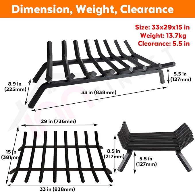33 inch 8 Bar Fire Grates, Heavy Duty Solid Steel Indoor Chimney Hearth Outdoor Fire Place Kindling Tool Pit Wrought Iron Wood Stove Firewood Burning Rack