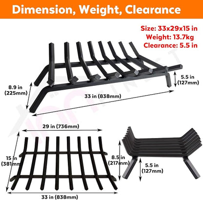 33 inch 8 Bar Fire Grates, Heavy Duty Solid Steel Indoor Chimney Hearth Outdoor Fire Place Kindling Tool Pit Wrought Iron Wood Stove Firewood Burning Rack