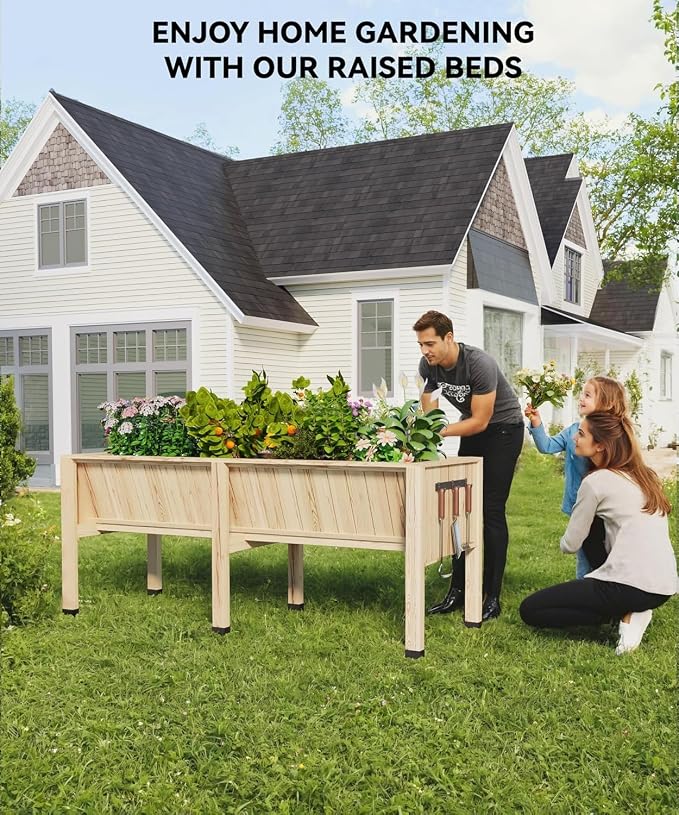 KYBOLT 45x23x30 Inch Raised Garden Bed with Legs, 13.7In Depth Wooden Planter Box for Outdoor Growing Vegetables and Herbs, Elevated Garden Bed with Hooks for Backyard, Patio, Balcony