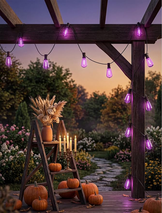 25FT Halloween Purple ST38 LED Outdoor String Lights with 25 Orange Edison Bulbs, Connectable Waterproof Hanging Patio Lights for Halloween, Thanksgiving, Backyard, Porch, Party Decor