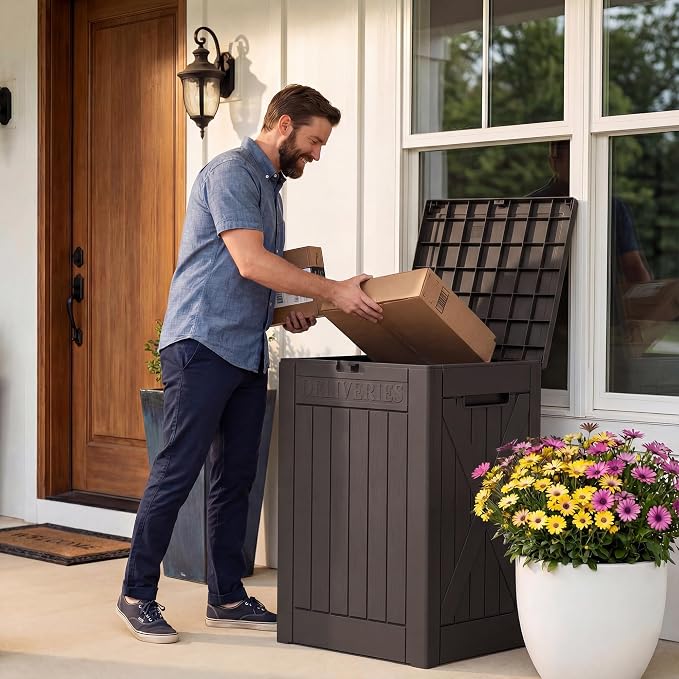Lockable Outdoor Storage Box 52 Gallon, All-Weather Resin Deck Box for Patio, Garden, Pool, Organizes Furniture Cushions, Gardening Tools, Pool Accessories, Brown