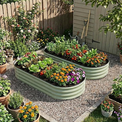 Raised Garden Bed, Metal Planter Box, Flower Box, Outdoor Planting Flower Herb Vegetable Planter (2 PCS of 4×2×1 ft, Green Oval)