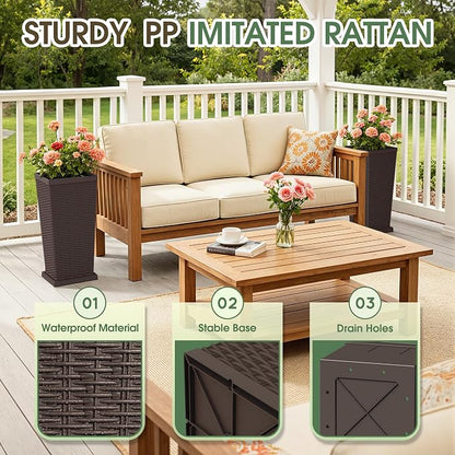 Set of 2 24 Inch Tall Plastic Planters with Drainage Saucers, Rattan Pattern UV Resistant Indoor Outdoor Flower Pots for Patio Garden Balcony Decor, Brown