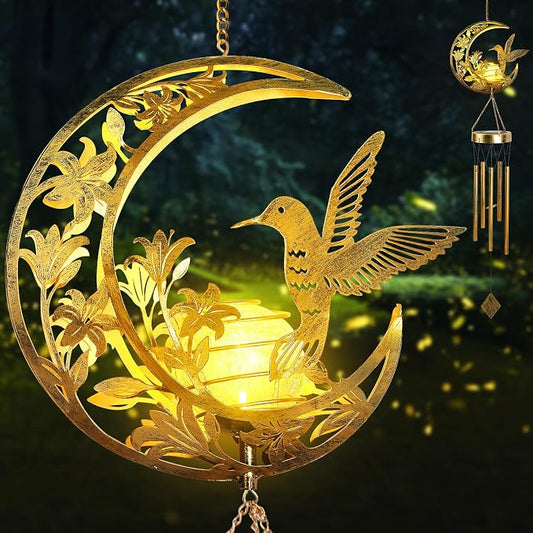 Moon Hummingbird Wind Chime Outdoor, Handcrafted Metal Garden Wind Chimes with Hummingbird Charms, Melodic Wind Bells for Patio Porch Decor, Weatherproof Gift for Nature Lovers & Bird Watchers