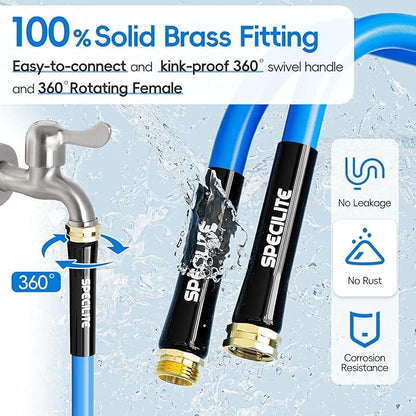 SPECILITE Hot/Cold Garden Water Hose 100 ftx 5/8 in, -50℉ To 190℉, Heavy Duty, Flexible, Burst 605 Psi, Lightweigh, Upgraded Rubber Pipe with 3/4" Brass Fittings For Backyard, Outdoor, Farm, Blue