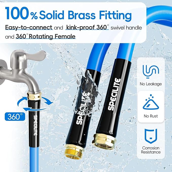 SPECILITE Female to Female Hot/Cold Garden Water Hose 10 ft x 3/4 Inch for Hose Reel, -50℉ To 190℉, Heavy Duty, Flexible, Burst 605 Psi, Rubber Extension Pipe with 3/4" Brass Fittings