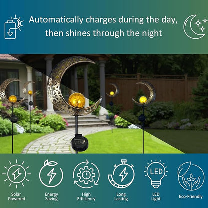 MCSSMOON Solar LED Crescent Moon Garden Light – Waterproof Metal Stake with Crackled Glass Globe