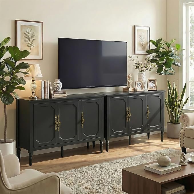RoyalCraft Buffet Sideboard Cabinet with 3 Doors, Wooden Coffee Bar Credenza with Adjustable Shelves, Vintage Storage Cabinet for Kitchen Dining Entryway Living Room, Black