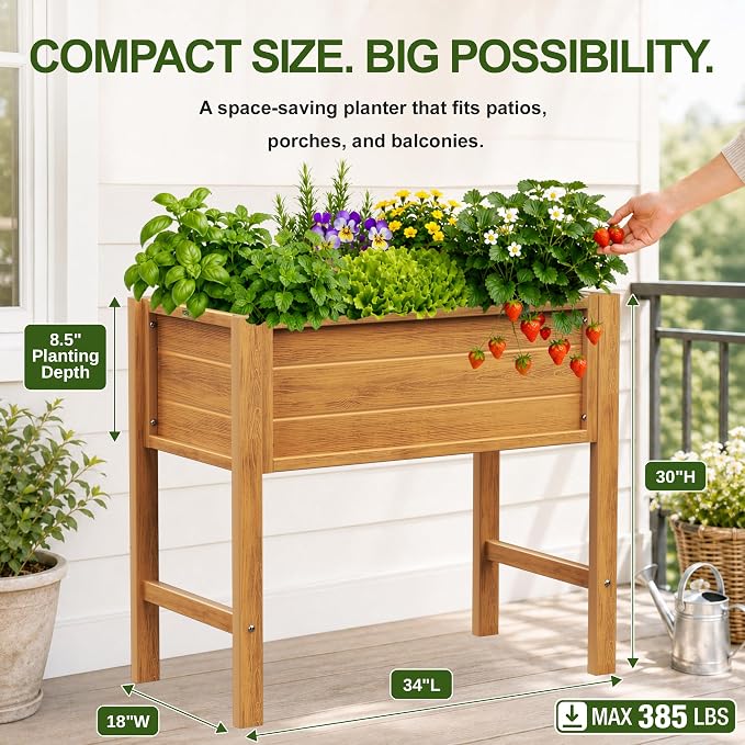 YEFU Raised Garden Bed with Legs: Compact Waterproof HDPS Outdoor Elevated Planter Box with Drainage Holes - 34x18x30 Inch for Patio/Balcony to Grow Vegetables/Herbs - 385 lbs Capacity, Teak