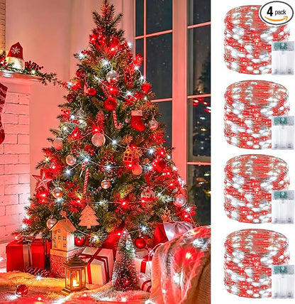 4 Pack 60 LED Fairy Lights Battery Operated with Timer, 20FT Waterproof String Lights Indoor Outdoor, Cuttable Battery Light for Bedroom Wedding DIY Centerpiece Christmas Decorations (Red and White)