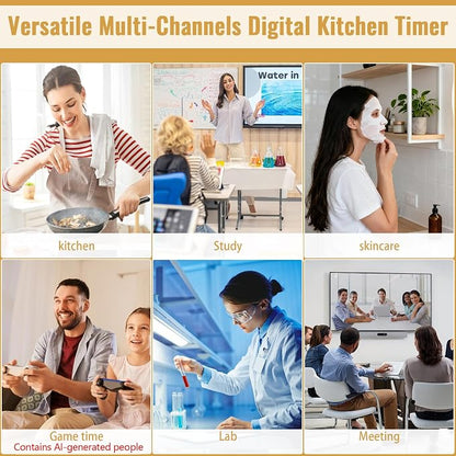 Digital Dual Kitchen Timer, 4 Channels Independent Countdown Timer, Large Display, On/Off, Loud Volume Alarm and Flashing Light with Magnetic Back, Stand, Battery Included (Black)