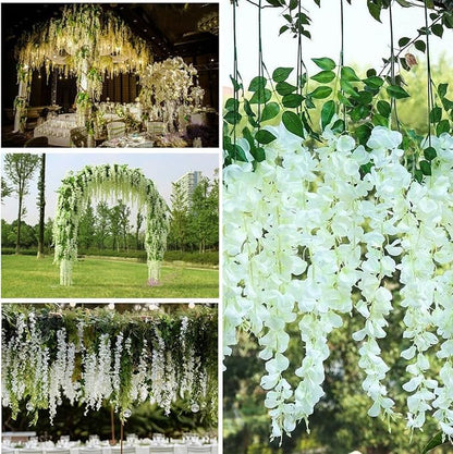 Artificial Wisteria Hanging Flowers Fake Wisteria Flower Garland Silk Vines Rattan Decor for Home Wedding Arch Wall Garden Greenery Bedroom Outdoor Office Party Decoration (12, White)