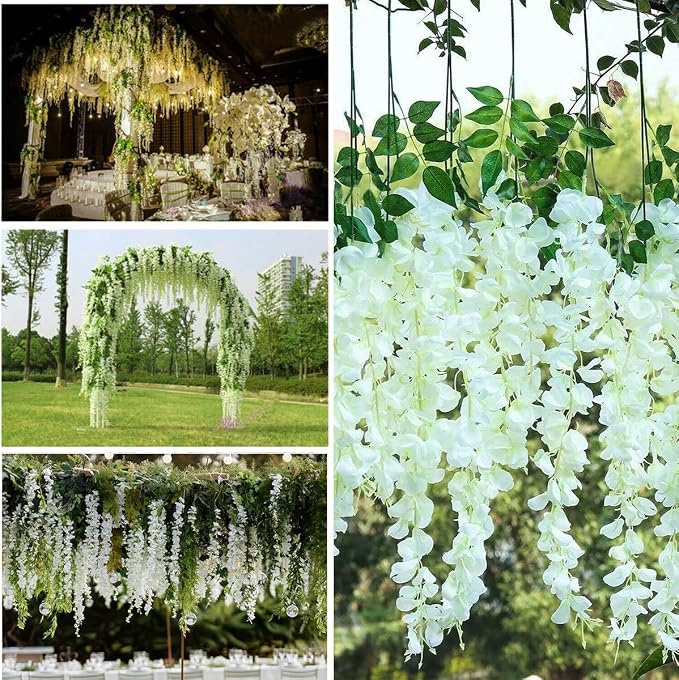 Artificial Wisteria Hanging Flowers Fake Wisteria Flower Garland Silk Vines Rattan Decor for Home Wedding Arch Wall Garden Greenery Bedroom Outdoor Office Party Decoration (36, White)