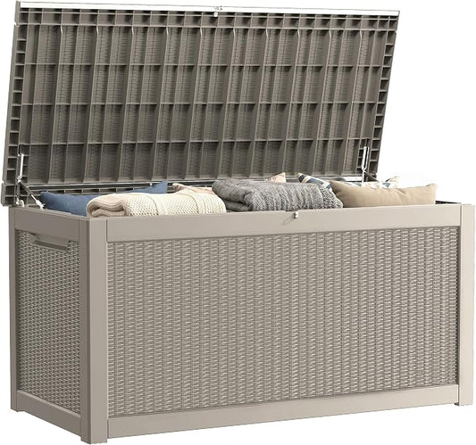 320 Gallon Outdoor Storage Box, Waterproof Resin Deck Box with Lockable Lid Large Storage Bin for Patio Furniture Cushion, Garden Tools, Pool Accessories UV-Resistant Outside Delivery, Gray