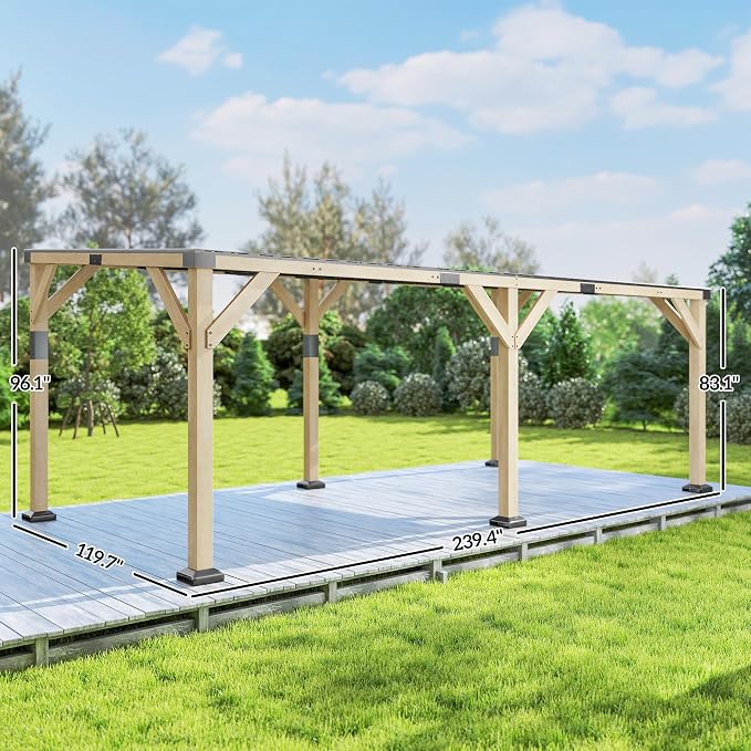 Outsunny 10' x 20' Wooden Gazebo, Hardtop Lean-to Gazebo Pergola with Galvanized Steel Sloped Roof, Large Heavy Duty Awning for Patio, Deck, Backyard, Light Walnut