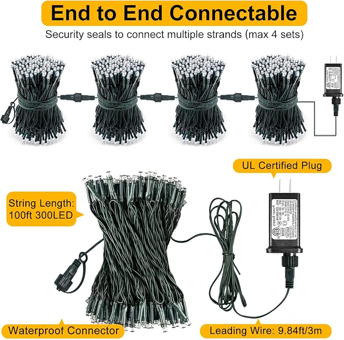 2 Pack Christmas Lights Outdoor, Total 200FT 600LED Christmas Tree Lights Waterproof, 8 Modes Connectable String Lights for Outside Indoor Patio Party Decor, 1 Pack Warm White & 1 Pack Multicolor