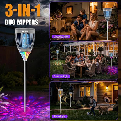 Rossetta Solar Bug Zapper Outdoor, Fly Zapper with Flame & Projector Light | 4200V Shock Grid, Solar & USB Charging, IPX5 Waterproof, Auto Mode, Cordless Electric Mosquito Killer for Patio, Garden