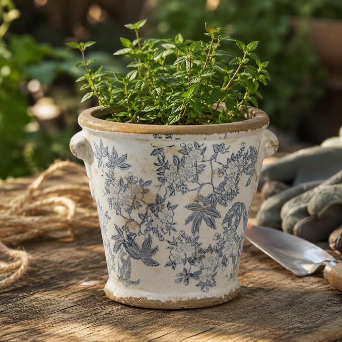 Dosayes Vintage Ceramic Flower Pot with Drainage Holes and Handle,Ice Crack Country Rustic Planters for Indoor Outdoor,Tuscan Decor,Home and Garden Decor,Gardening Present