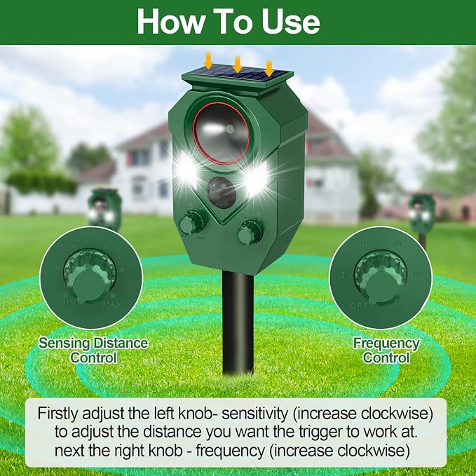 Ultrasonic Animal Repeller Outdoor,Cat Repellent & Deterrent with PIR Sensor & Flashing Light,Solar Powered Deer Repellent Device for Squirrels,Raccoons,Skunks,Rabbits,and Dog,IP65 Waterproof - 4 Pack