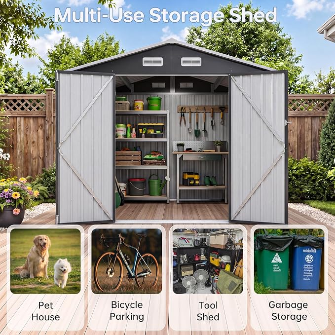8x6FT Outdoor Storage Shed Black | Metal Garden Tool Shed with Sloping Roof & Lockable Door for Garden, Patio, Backyard
