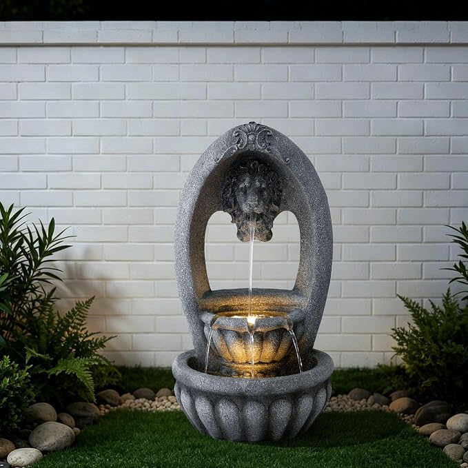 31.1" H Lion Head Fountain, Floor-Standing Lion Fountain, Outdoor Water Fountain with LED Light, Water Feature for Garden Patio Backyard Deck Porch and Home Art Decor