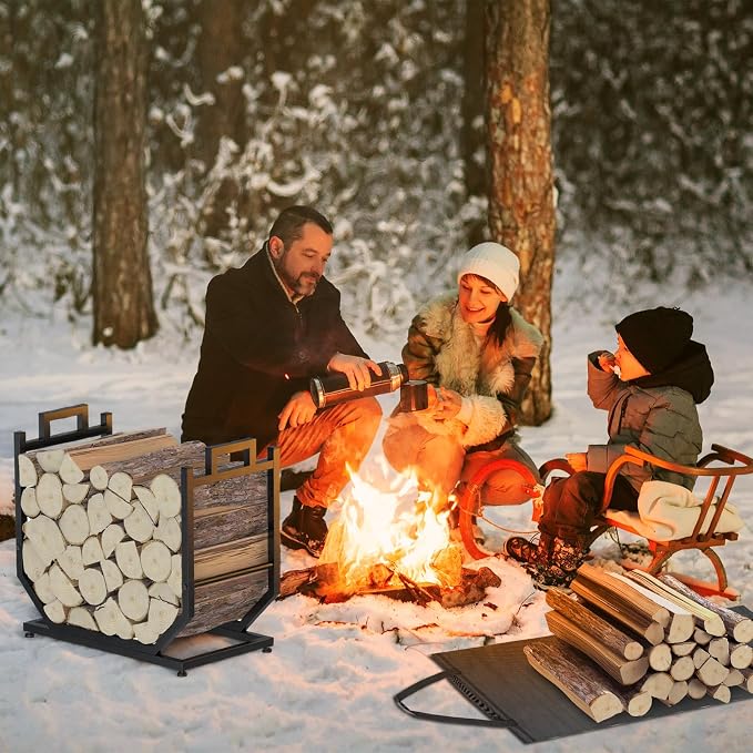 Firewood Rack, Indoor/Outdoor Firewood Holder with Firewood Carrier Bag, 25 Inch Thickened Metal Fireplace Log Holder with Adjustable Feet, Black