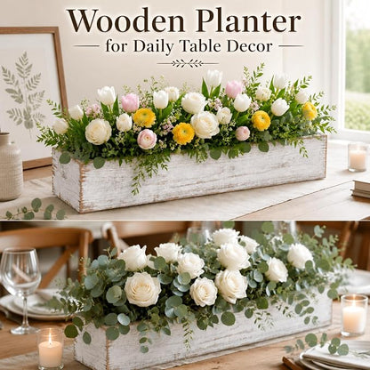 Dandat 6 Set Wood Boxes for Centerpieces 12x4 Inch Rectangle Wooden Planter Box Rustic Wooden Planters with Removable Plastic Liner Floral Foam Blocks for Christmas Wedding Home Garden Decor(White)