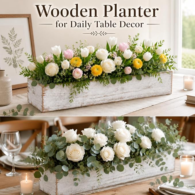 Dandat 3 Set Wood Boxes for Centerpieces 16x4 Inch Rectangle Wooden Planter Box Rustic Wooden Planters with Removable Plastic Liner Floral Foam Blocks for Christmas Wedding Home Garden Decor(White)