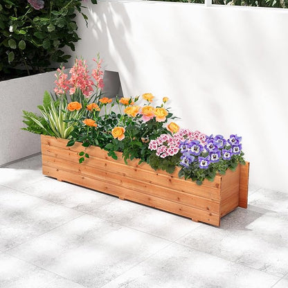 Raised Garden Bed, 44” x 11” x 10” Wooden Flower Bed with 2 Drainage Holes & Removable Bottom, Long Narrow Decorative Garden Bed, Planter Box Outdoor for Vegetables Flowers Fruits Herbs